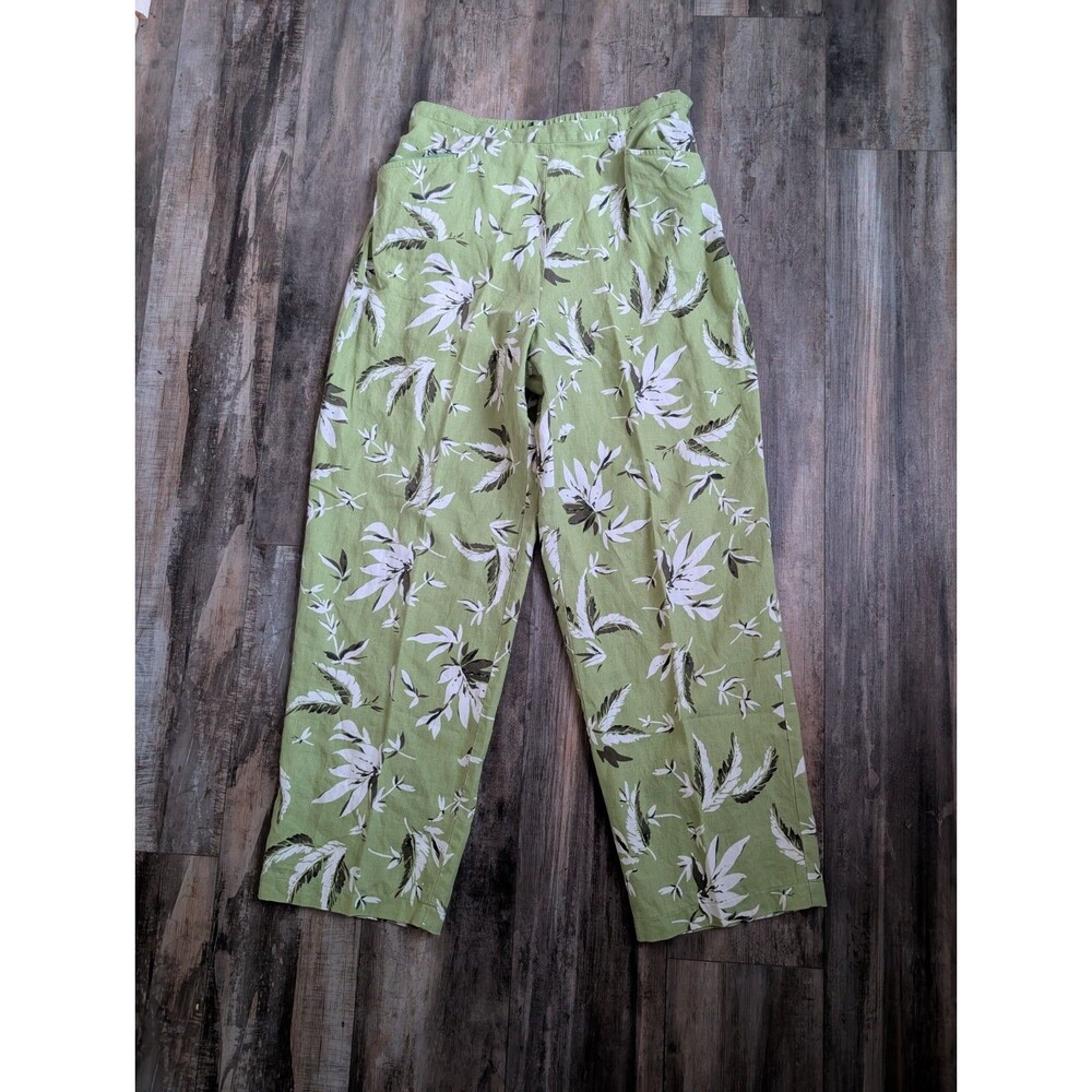 JM Collection Pants Women Large Green Floral 100% Linen Straight Leg Pull On 29"